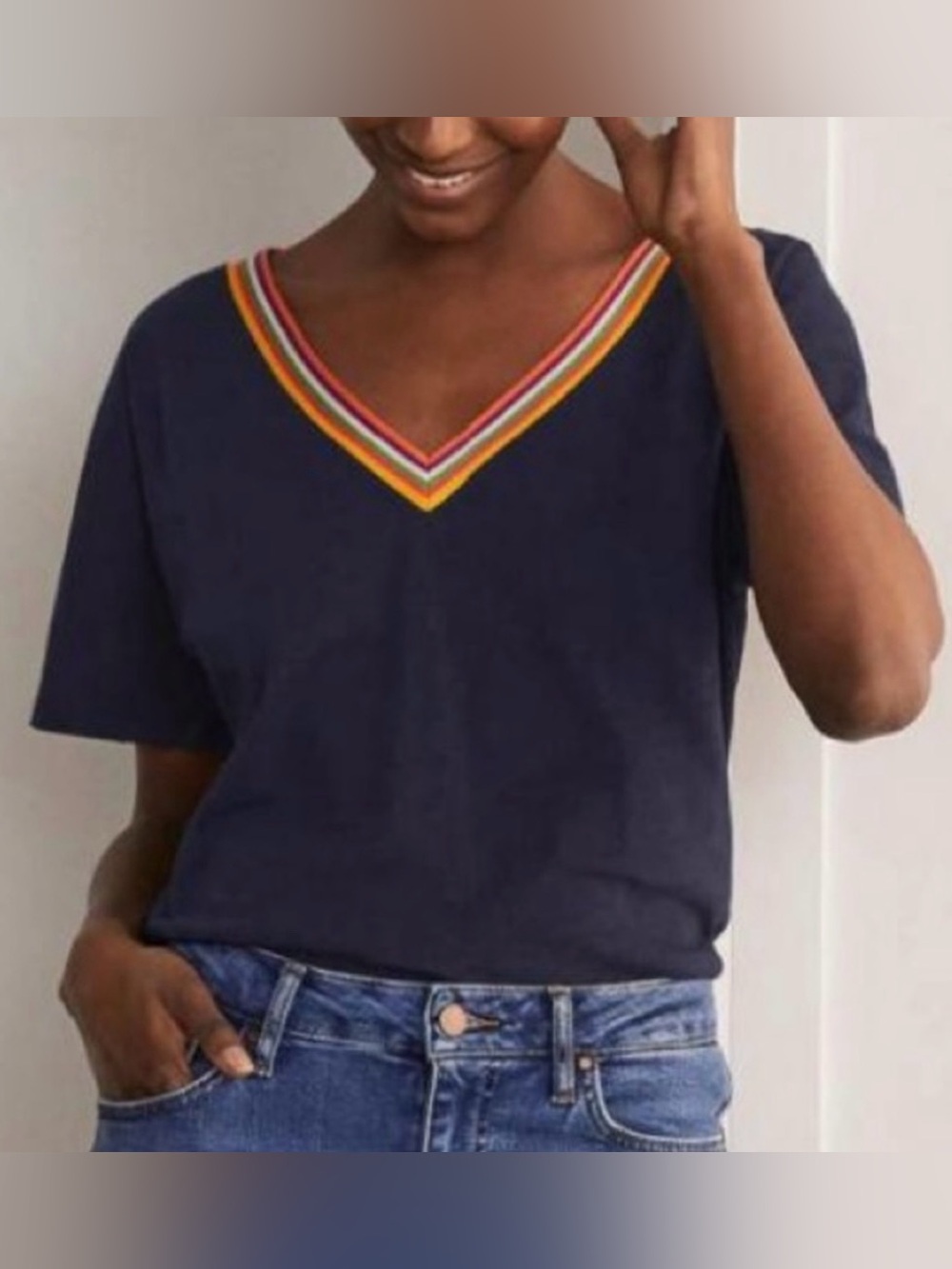 Boden Beatrice Jersey Top Navy Blue Rainbow Stripe Trim V-Neck Tee US 12 Cotton